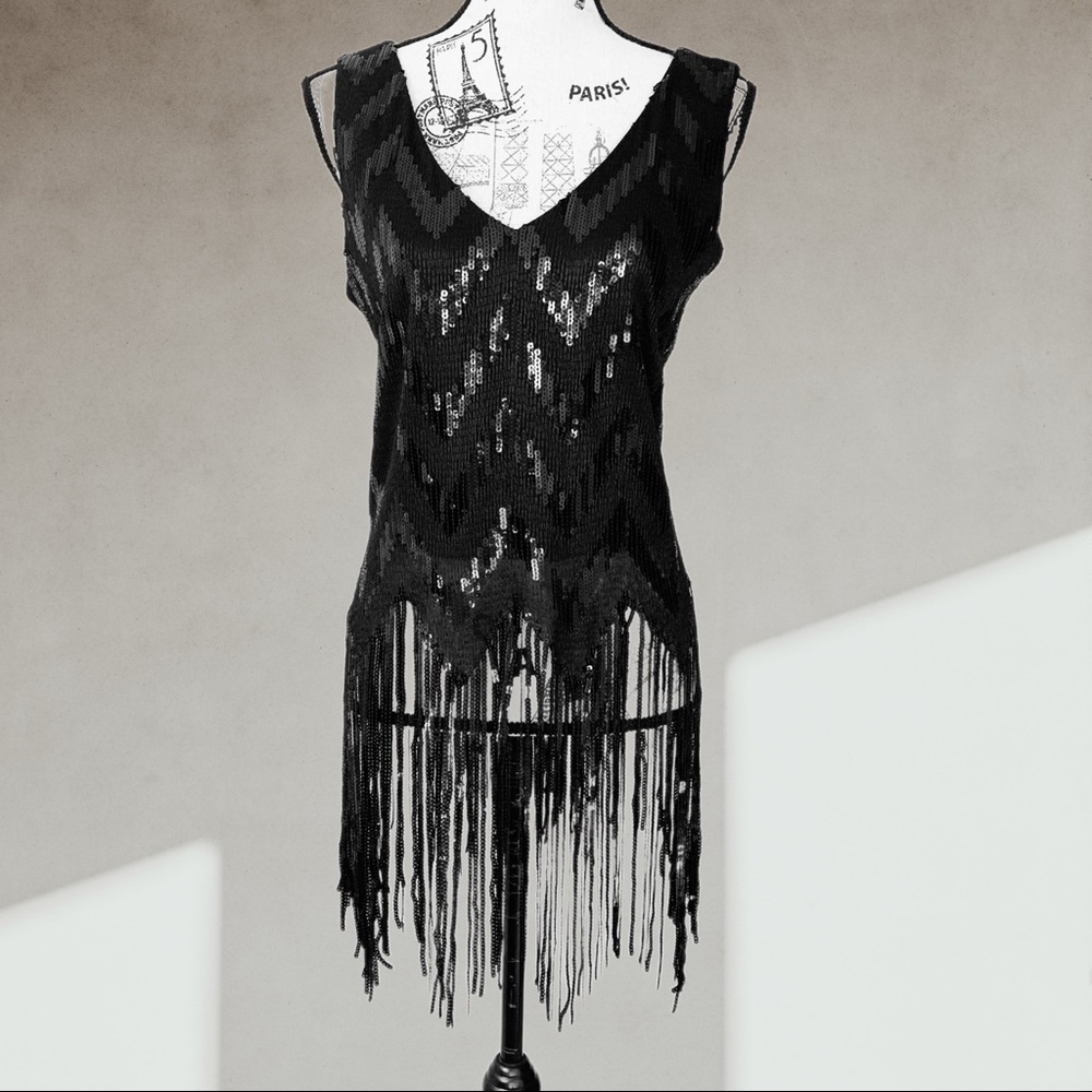 MELANIE LYNE sequins tassel fringe top LARGE